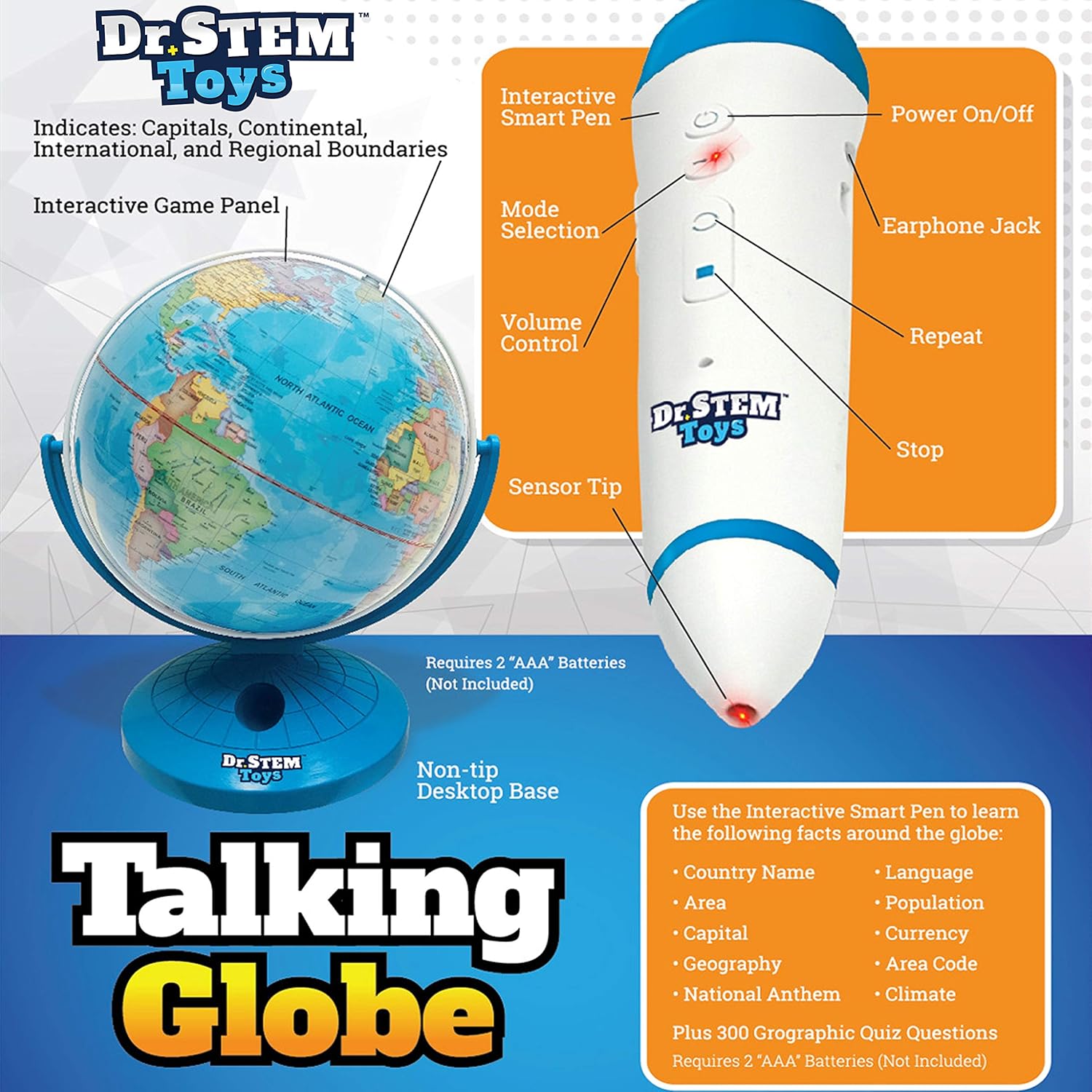 Talking World Globe with Interactive Stylus Pen and Stand, Colorful Map for Early Learning 9 Inches k7