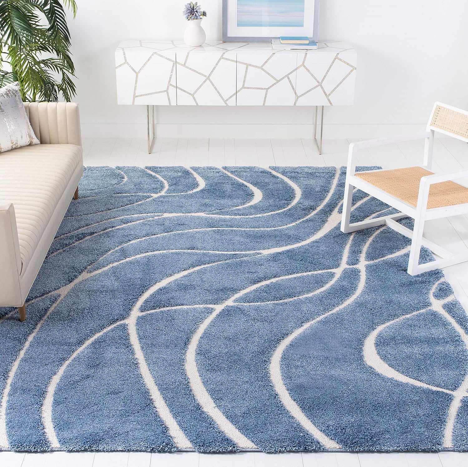 SAFAVIEH Florida Shag Collection Area Rug - 8'6" x 12', Light Blue & Cream, Non-Shedding & Easy Care, 1.2-inch Thick Ideal for High Traffic Areas in Living Room, Bedroom (SG471-6011)