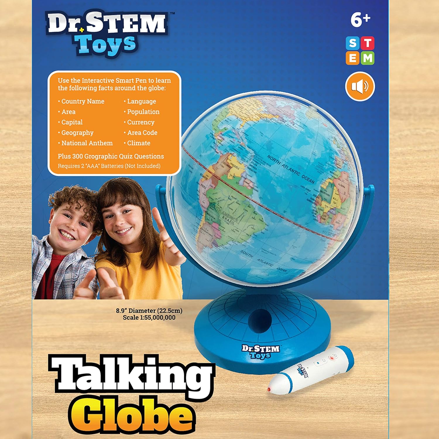 Talking World Globe with Interactive Stylus Pen and Stand, Colorful Map for Early Learning 9 Inches k7