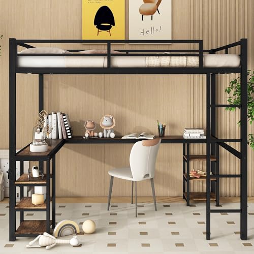 Full Size Loft Bed with Desk and Storage Shelves, Metal Frame a7