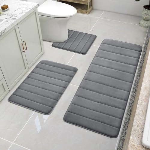 BYSURE Black Memory Foam Bathroom Rug Set 3 Piece Non Slip Extra Absorbent Shaggy Bathroom Mats and Rugs Sets, Soft & Dry Bath Mat Sets for Bathroom Washable Carpets Set