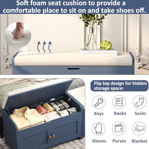 Shoe Storage Bench with Lift Top Cushioned Seat Blue k7