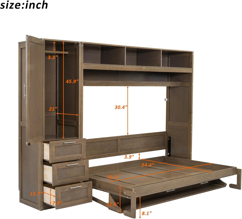 Murphy Bed Frame with Wardrobe and Drawers Space-Saving k7p