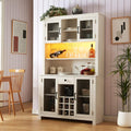 70" Storage Rustic Sideboard Buffet with LED and Outlets Food Pantry Doors and Shelves Wine Rack,Kitchen Hutch Cabinet for Dining Room, White