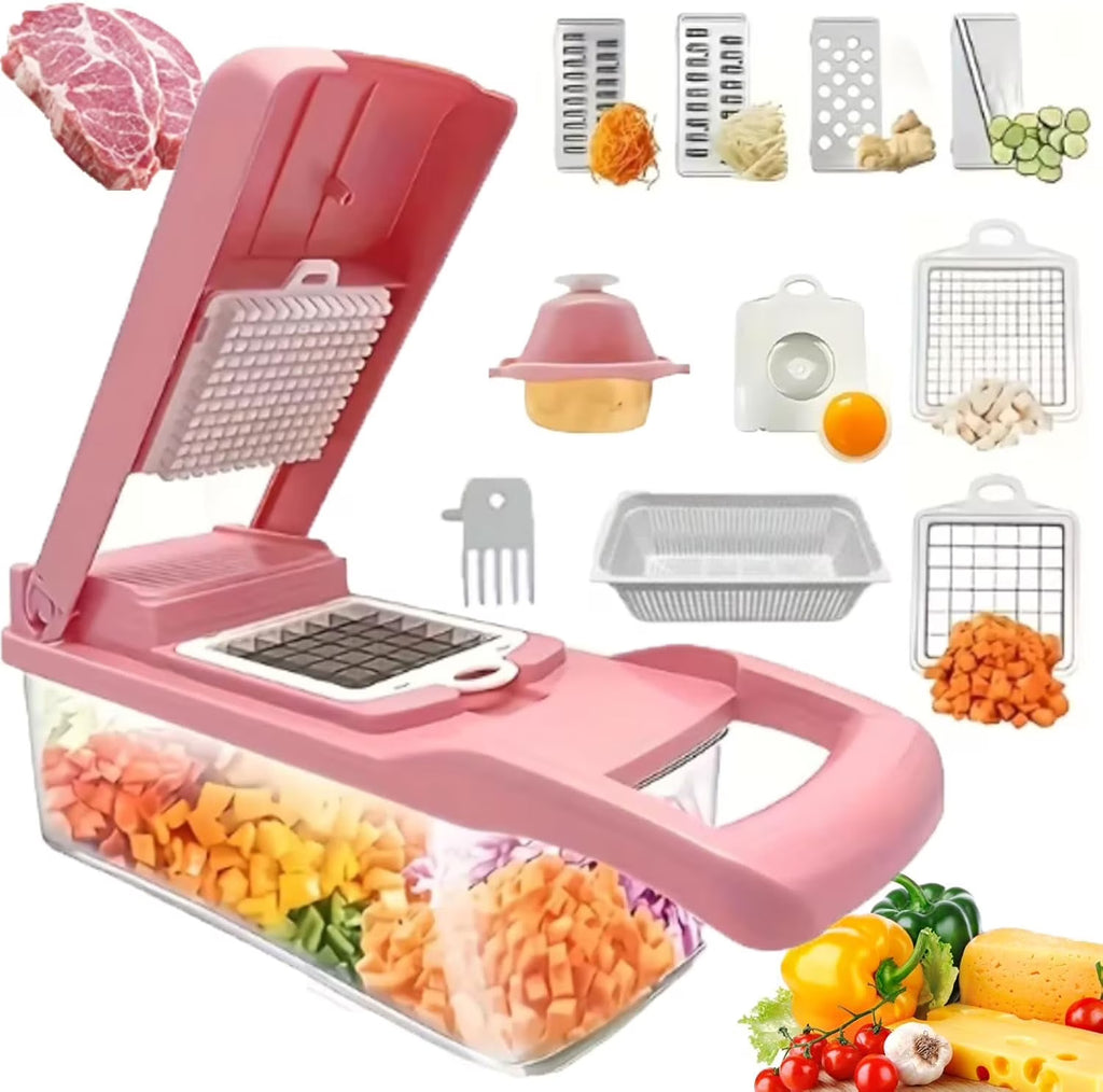 14Pcs Multi-Functional Vegetable Cutter &amp; Slicer, Trendgolden Food Chopper, Stainless Steel Blades, Kitchen Gadgets &amp; Accessories (Pink)