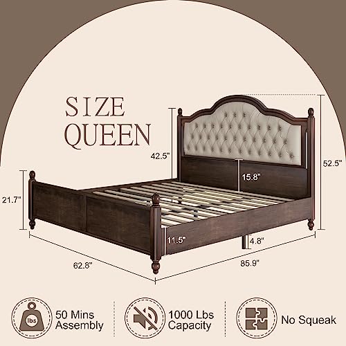 Solid Queen Platform Bed with Upholstered Headboard Walnut k7m