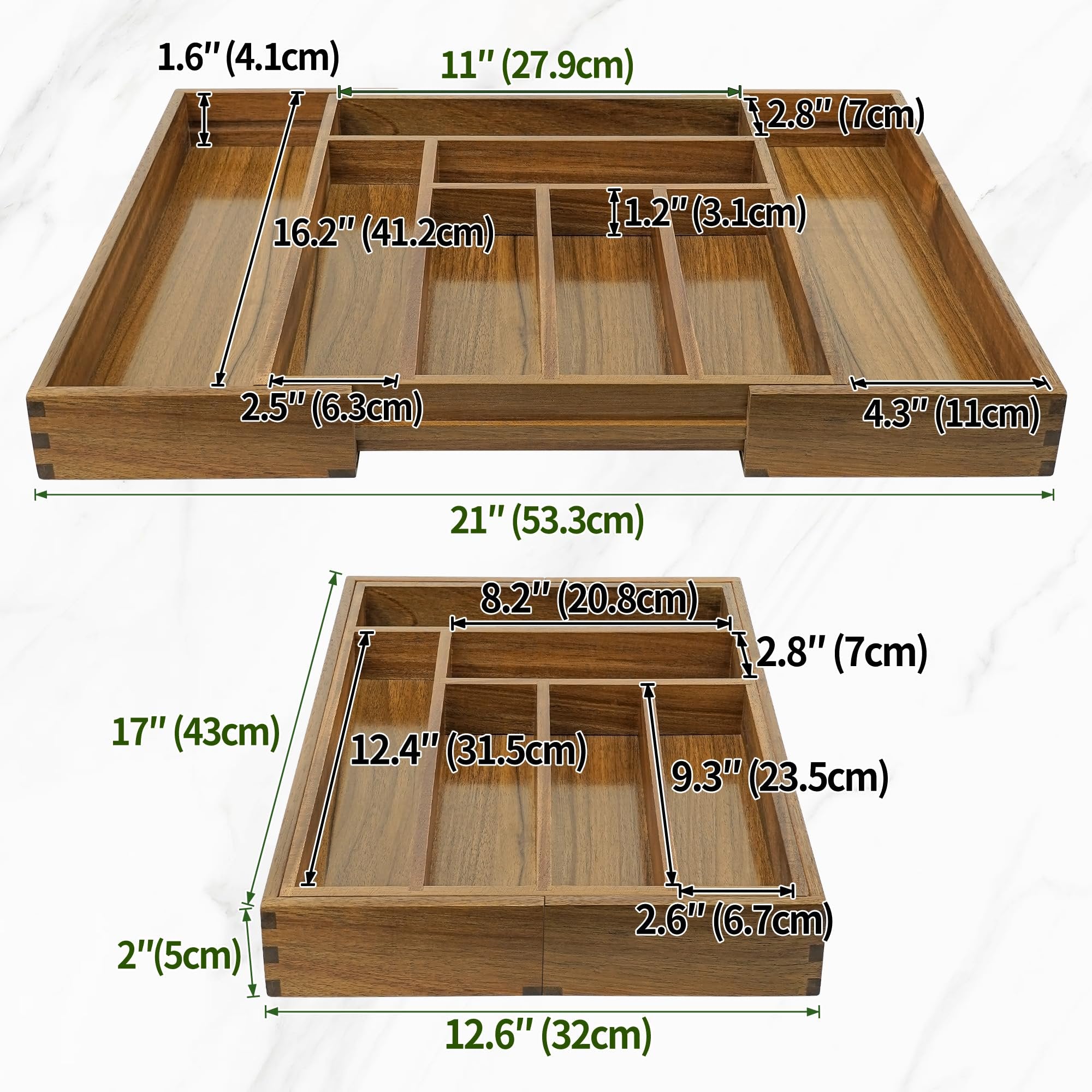 Acacia Cutlery Tray Organizer, Adjustable Drawer Divider, 8 Compartment Utensil Holder, Brown k7