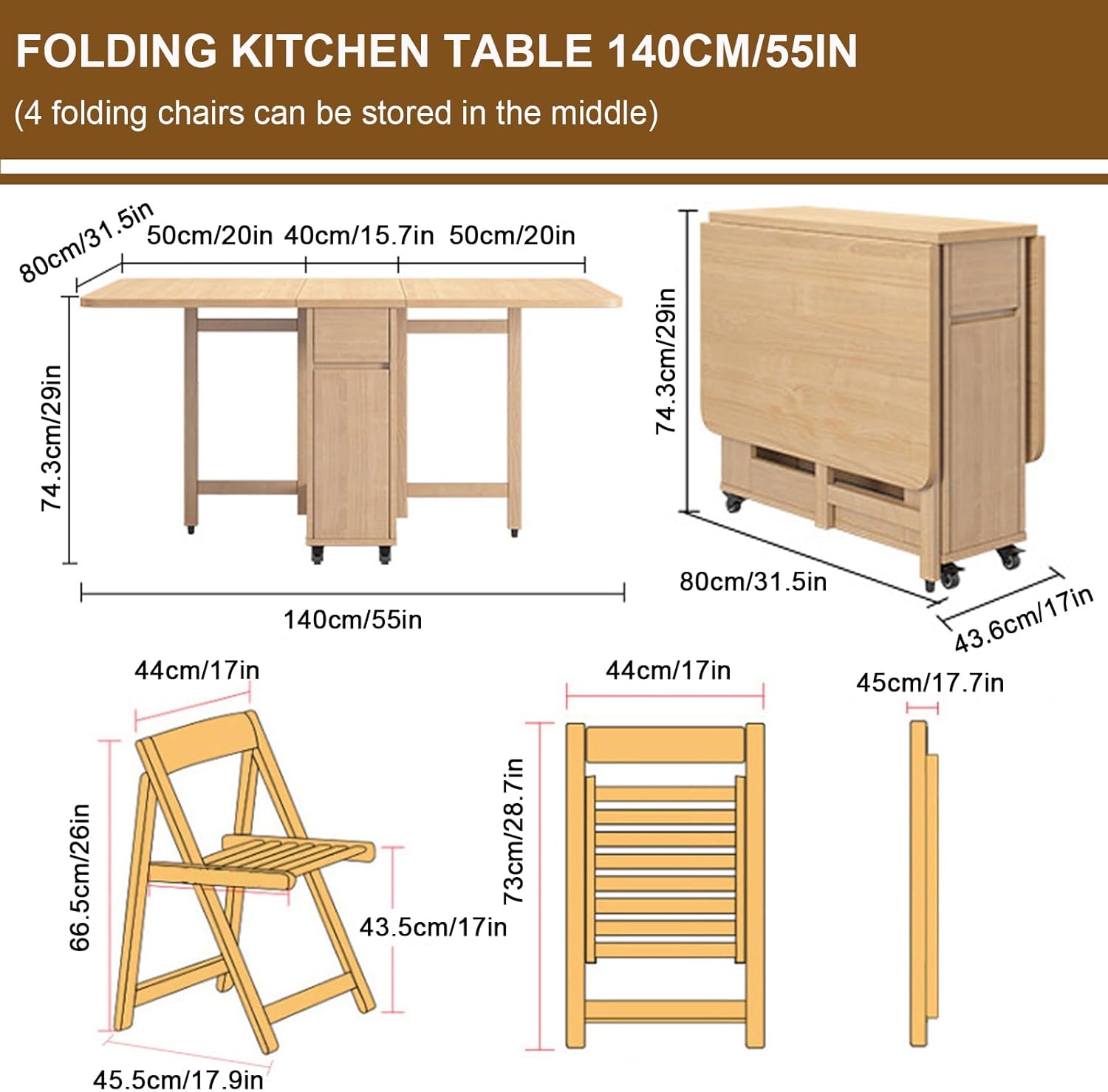 Folding Dining Table with 4 Chairs and Wheels a7