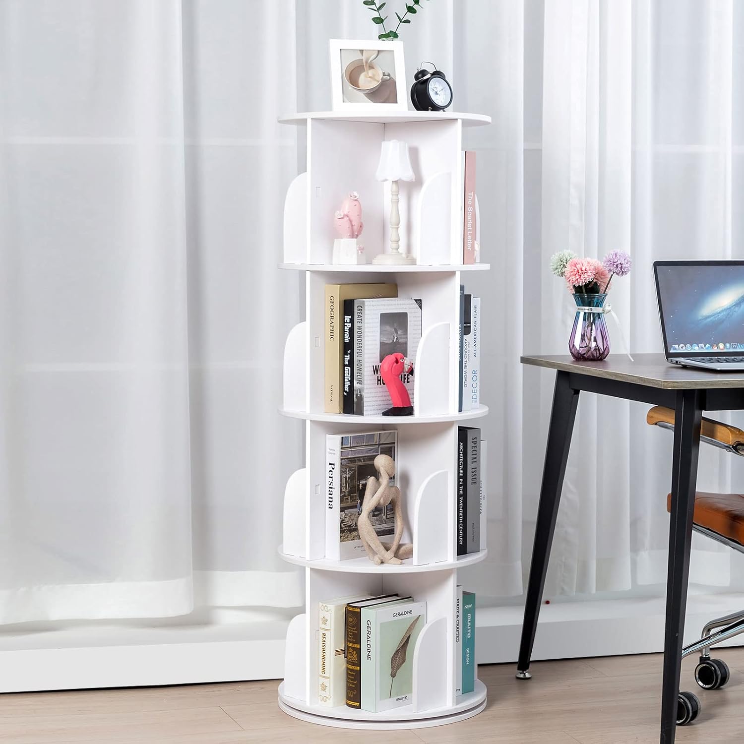 Roowest 4 Tier 360 Display Rotating Bookshelf Corner Wood Bookshelf Organizer Floor Standing Revolving Bookcase Rack Tall Spinning Round Bookshelf Tower for Bedroom, Living Room, White