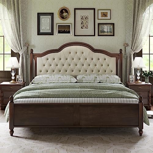 Solid Queen Platform Bed with Upholstered Headboard Walnut k7m