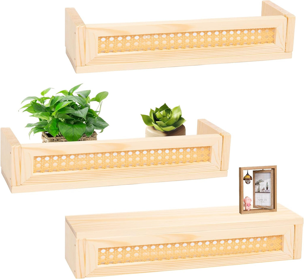 Defined Deco 16” Rattan Shelf Set of 3 for Wall Decor, Boho Rattan Bookshelves Wood Hanging Floating Shelves for Kids Room, Baby Bookcase for Nursery, Hanging Bookshelves for Playroom, Bedroom Decor