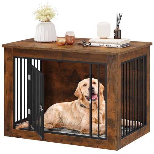 YITAHOME Dog Crate Furniture for Large Dogs, Side End Table, Modern Dogs Kennel Indoor up to 60 lb, 2-in-1 Iron-Wood Fusion Dog Cage with Waterproof Top, Safety Corners, Steel Lock,38"L, Rustic Brown