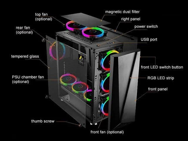 ATX Mid Tower PC Case with Tempered Glass Side RGB k7p