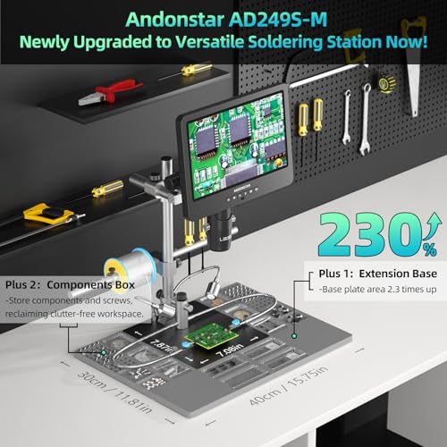 Andonstar AD246S-M Plus 7'' HDMI Soldering Digital Microscope for Electronics Repair, 2000x 3 Lens 2160P UHD Video Record, Soldering Microscope Station with Helping Hands, Coin Microscope, 32GB Card  
7英寸 HDMI 焊接数码显微镜 2000倍 三镜头 4K录像 带辅助支架 32G卡 k7