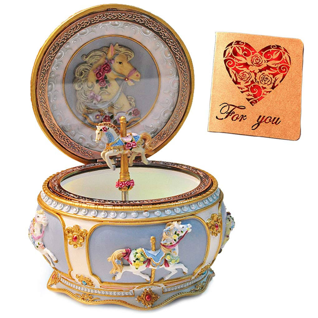 Amperer Classical Carousel Horse Music Box LED Lights Twinkling Resin Carved Collectible Mechanical Musical Box with Sankyo 18-N