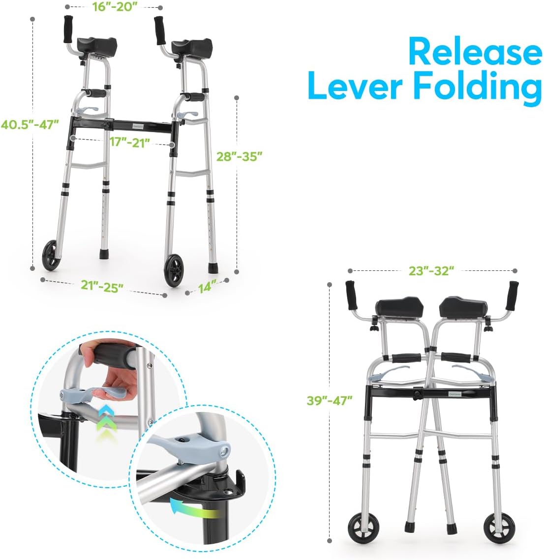 Folding Walker with 5 Inch Wheels and Padded Armrests k7q