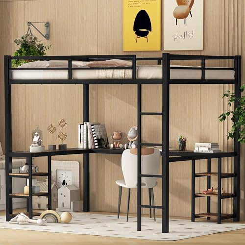 Full Size Loft Bed with Desk and Storage Shelves, Metal Frame a7