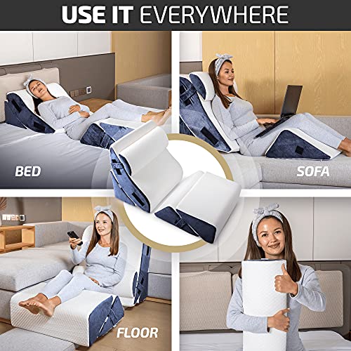Adjustable Orthopedic Wedge Pillow Set with Leg Elevation Memory Foam Back Support Grey Cooling Fabric k7m