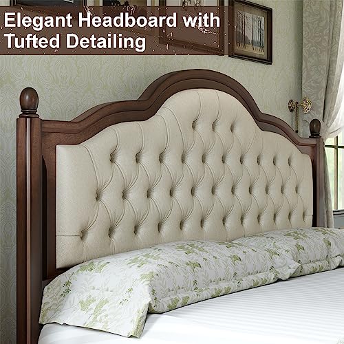 Solid Queen Platform Bed with Upholstered Headboard Walnut k7m
