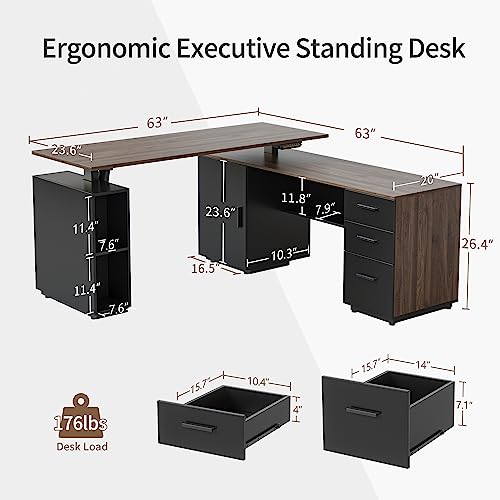 L Shaped Standing Desk with File Cabinet, Electric Adjustable, Black Walnut k7m