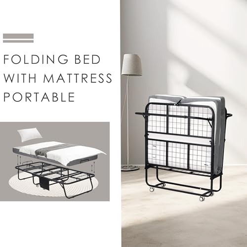 Folding Bed with Mattress, Portable Rollaway Guest Bed for Adults, Metal Frame a7