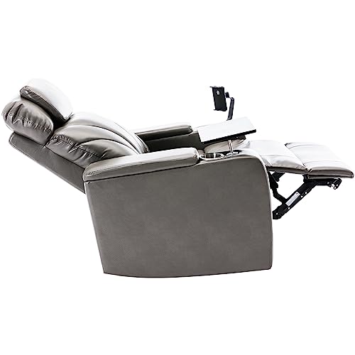 Swivel PU Leather Power Recliner with Tray Table and Cup Holder Grey k7m