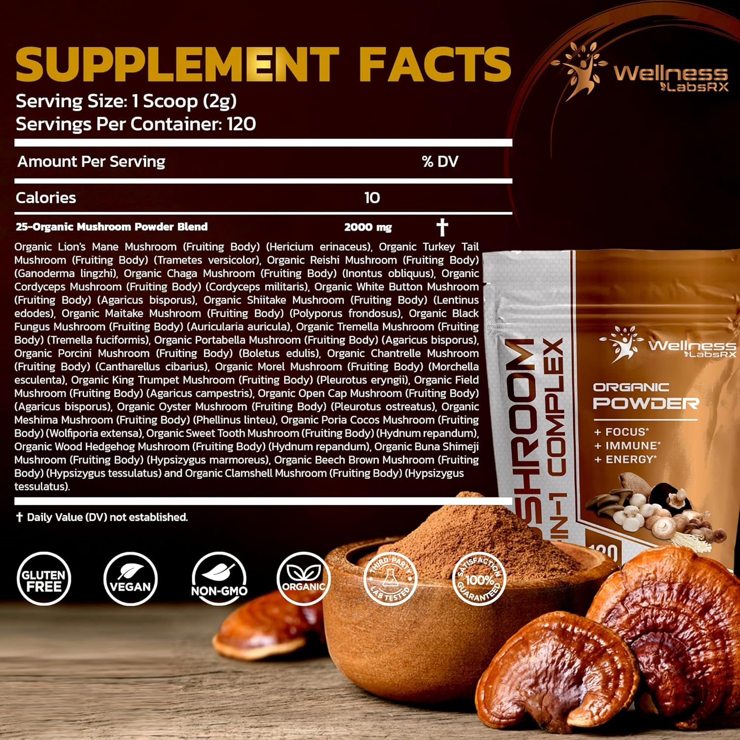 Mushroom Powder Organic Supplement 2500mg 120 Servings k7