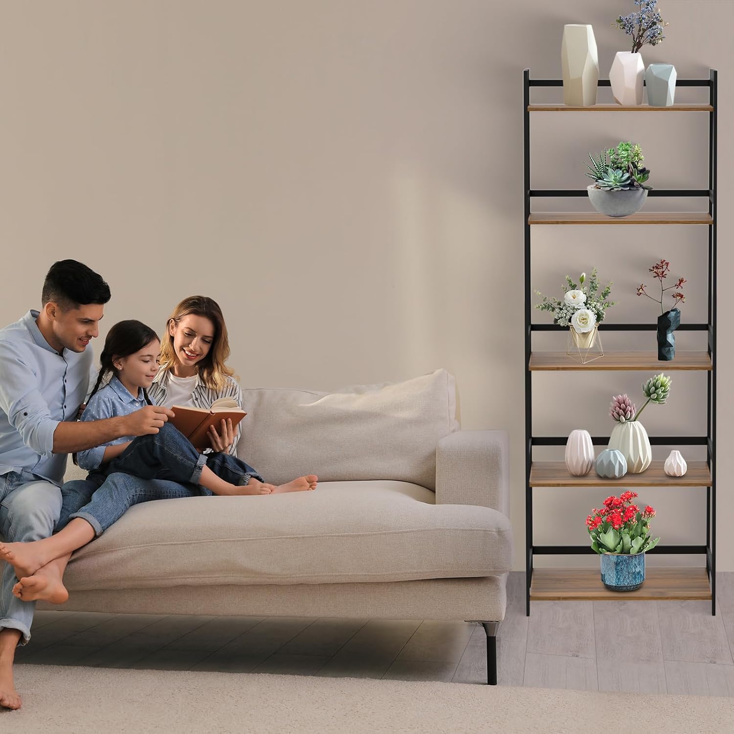 Bamboo Bookshelf 5 Tier Tall Corner Rack for Living Room a7