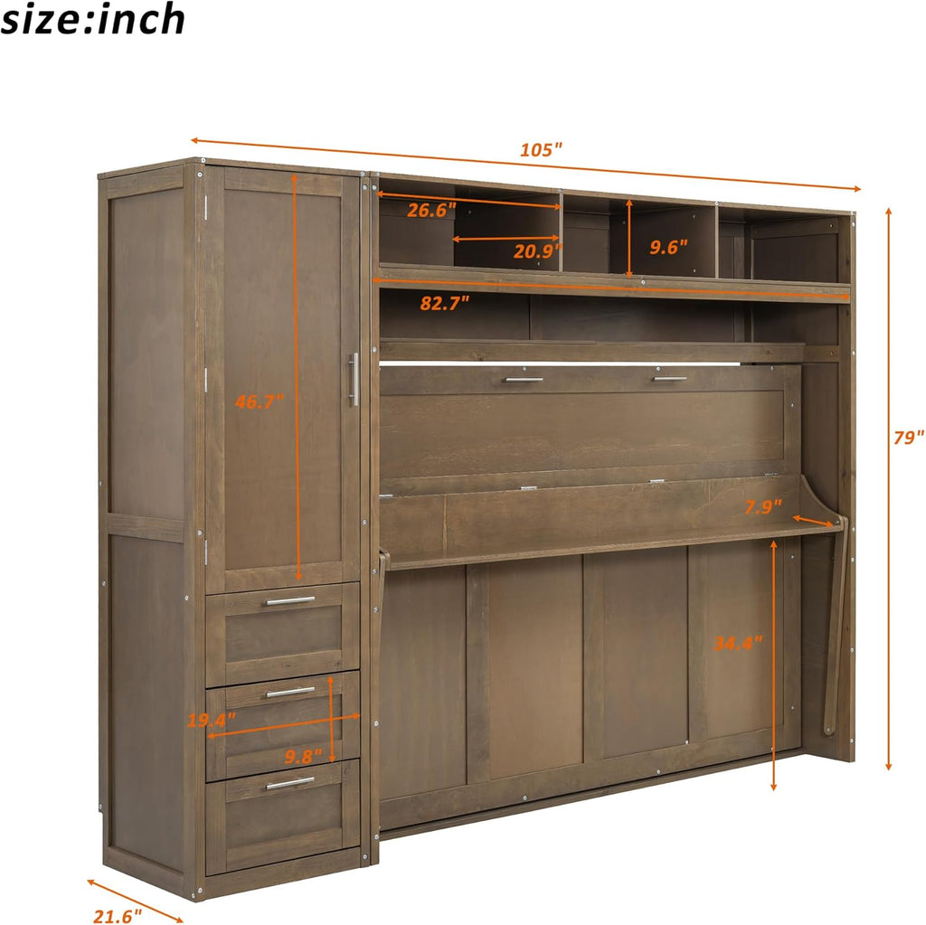 Murphy Bed Frame with Wardrobe and Drawers Space-Saving k7p