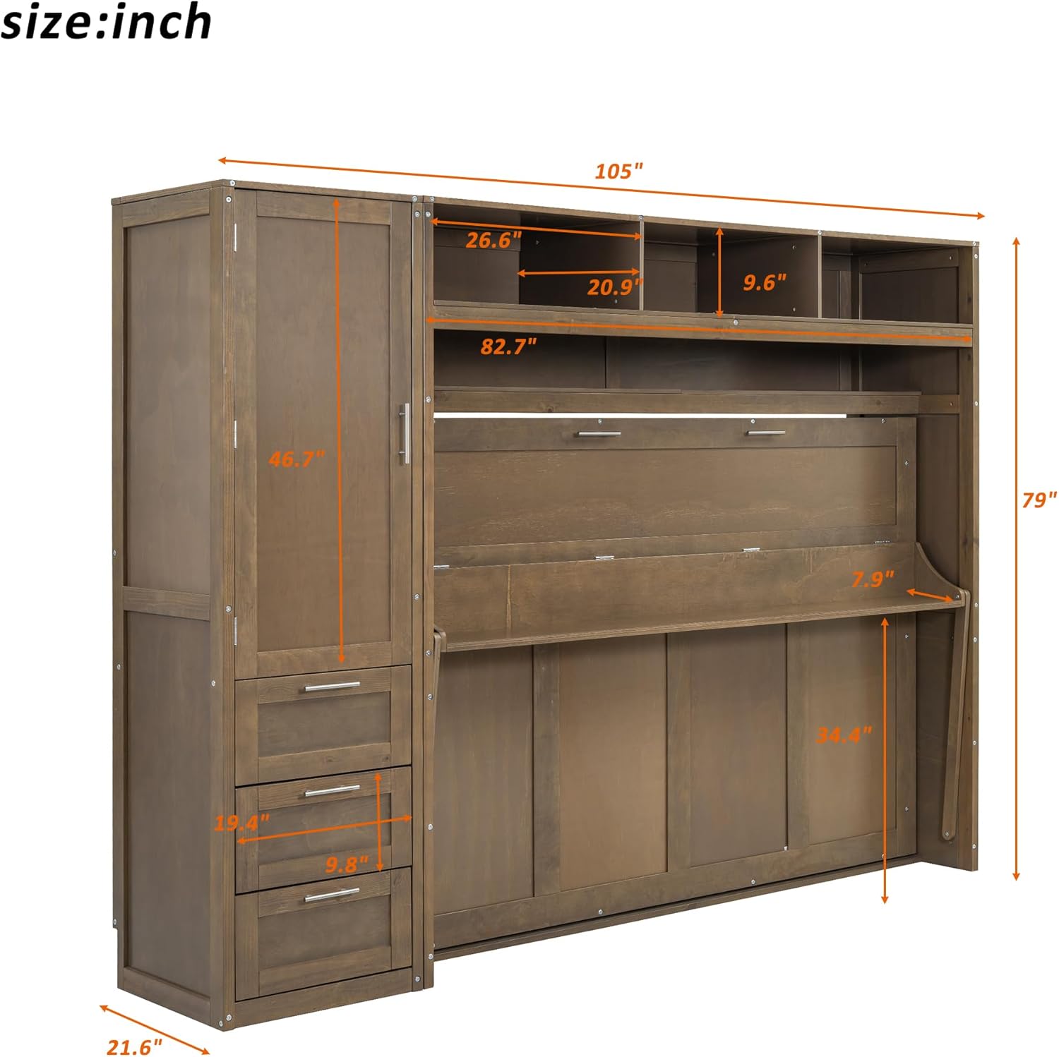 Murphy Bed Frame with Wardrobe and Drawers Space-Saving k7p