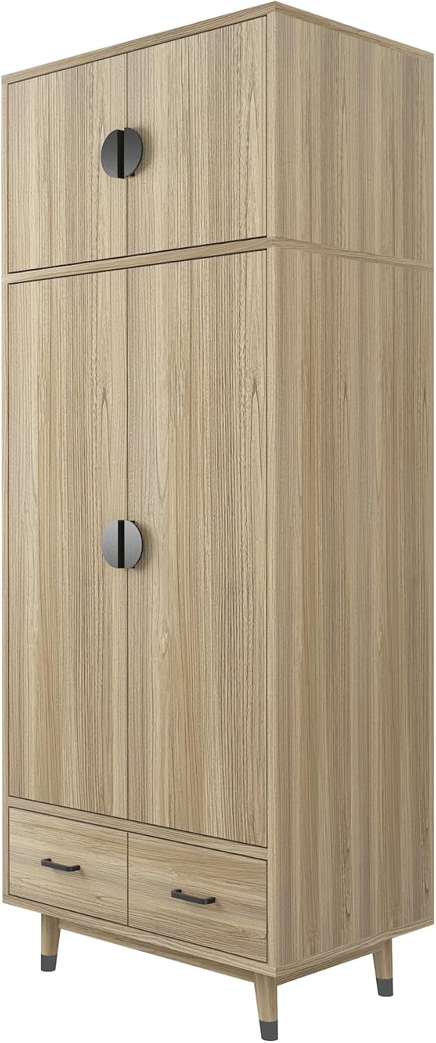 Oak 2-Door Storage Cabinet with Drawers and Hanging Rod k7p