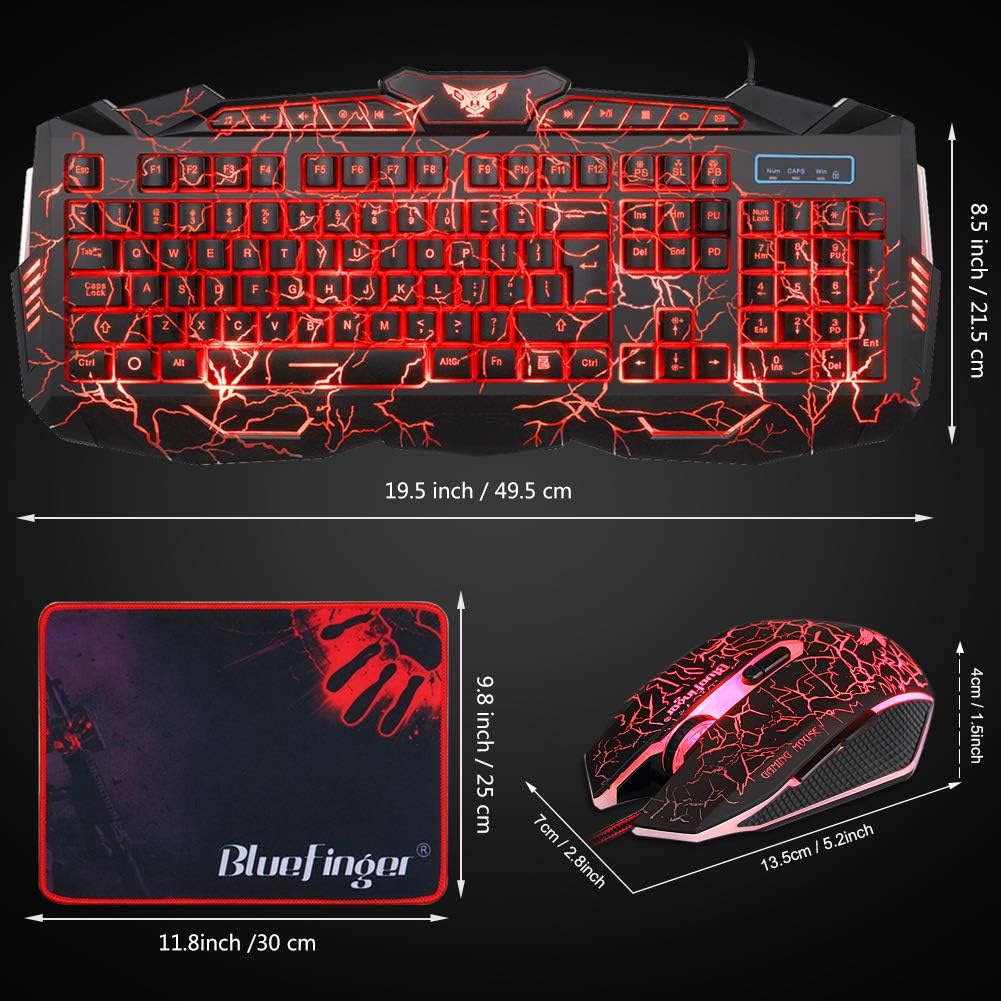 Gaming Keyboard Mouse Headset Combo USB Wired LED Backlit 114 Keys Red Light for PC Laptop k7