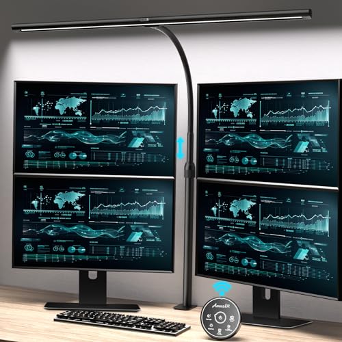 Desk Lamp for Home Office, Desk Light with Remote Control, Monitor Light with Telescopic Rod, Gesture Sensing Office Lamp, Architect Desk Lamp, Adjustable Brightness & Color Temperature, 24W