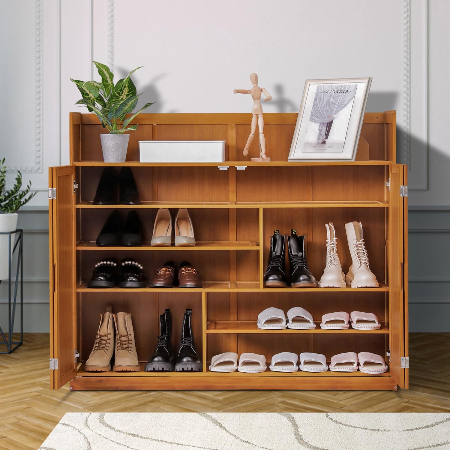 5 Tier Bamboo Shoe Cabinet with Doors and High Baffle a7