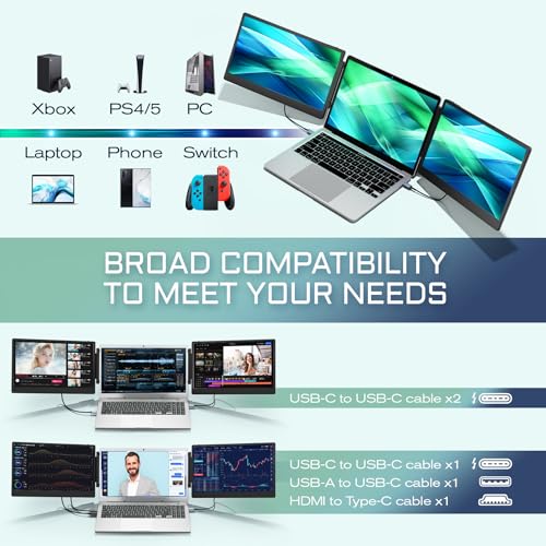 Portable Monitor FHD IPS Laptop Screen Extender Foldable Stand Dual Speakers HDMI USB Type-C Plug and Play 7k