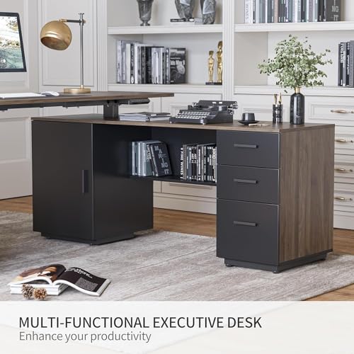 L Shaped Standing Desk with File Cabinet, Electric Adjustable, Black Walnut k7m