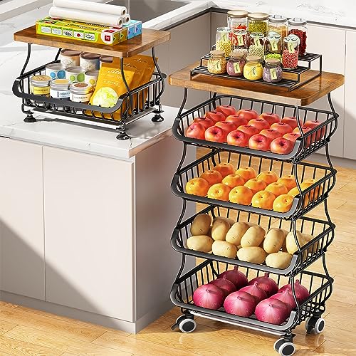 Fruit Basket with Wood Top 5 Tier Stackable Cart White a7