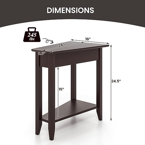 Narrow Triangle Side Table with Storage Shelf, Solid Wood Legs, White a7