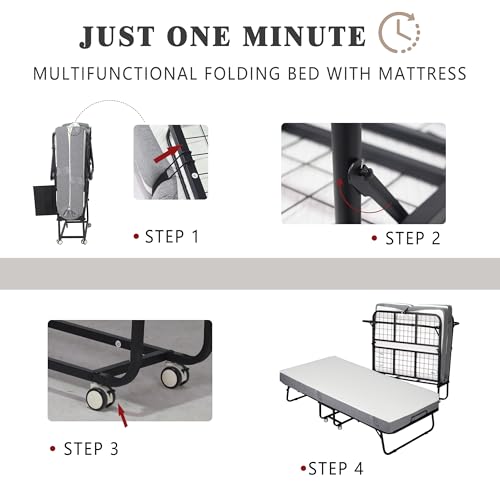 Folding Bed with Mattress, Portable Rollaway Guest Bed for Adults, Metal Frame a7