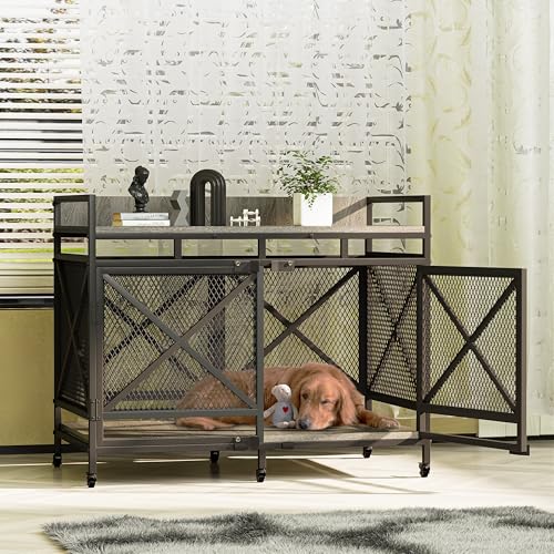 Large Dog Crate Furniture 48 Inch Wooden Kennel Indoor Pet House Grey a7