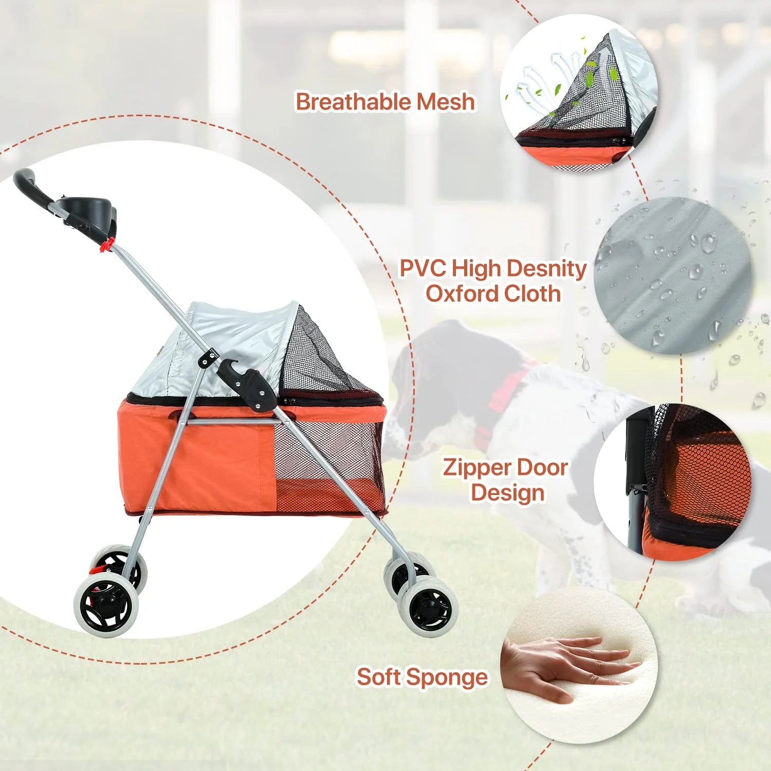 Dog Stroller Folding Pet Cat Stroller 4 Wheels Portable Orange k7