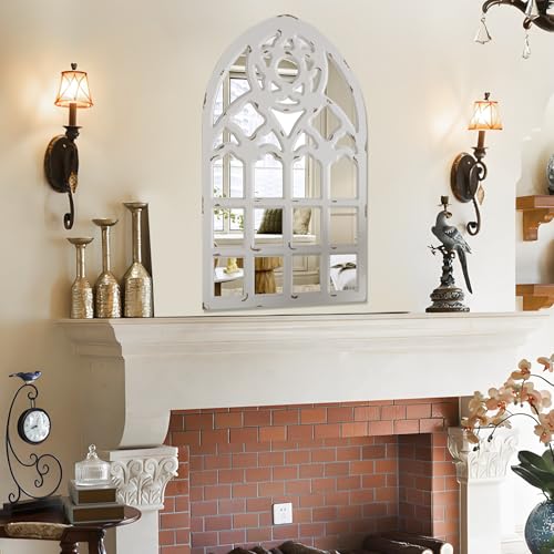 Arched Window Mirror Wood Framed Retro Farmhouse Decor White 23.6x38x1.2 k7
