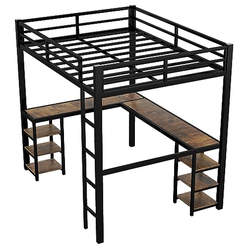 Full Size Loft Bed with Desk and Storage Shelves, Metal Frame a7