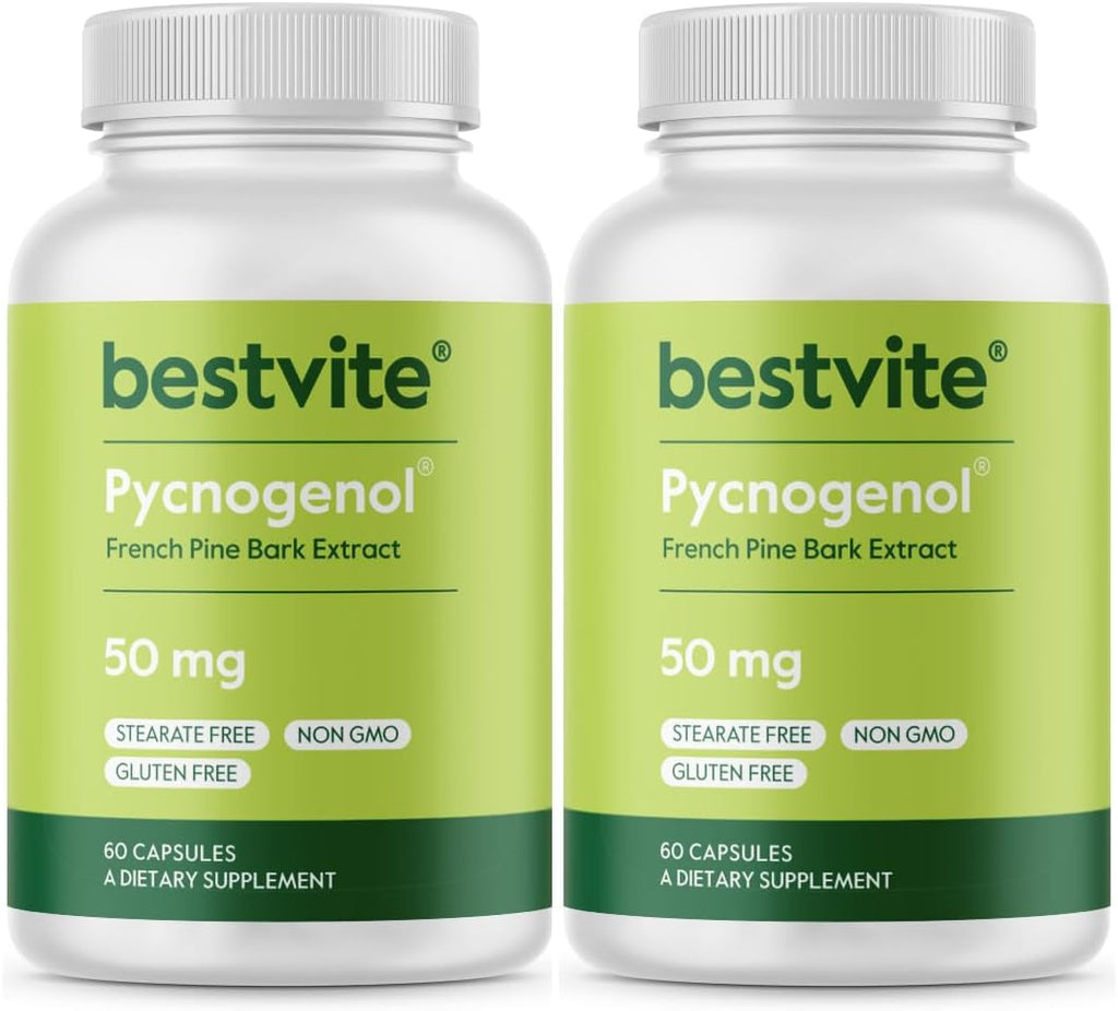 BESTVITE Pycnogenol 50mg (120 Capsules) (60x2) - French Maritime Pine Bark Extract - No Stearates - Gluten Free - Non GMO
