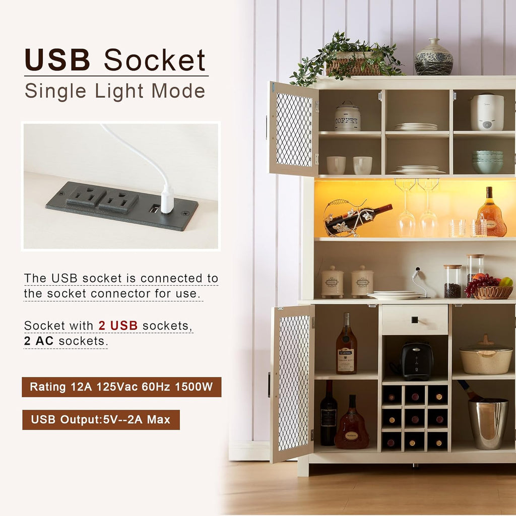 White Sideboard Buffet Cabinet with LED and Outlets a7