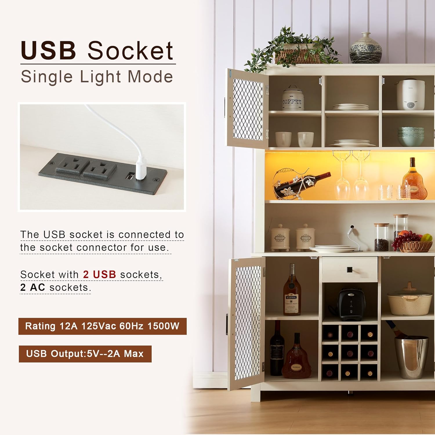 White Sideboard Buffet Cabinet with LED and Outlets a7
