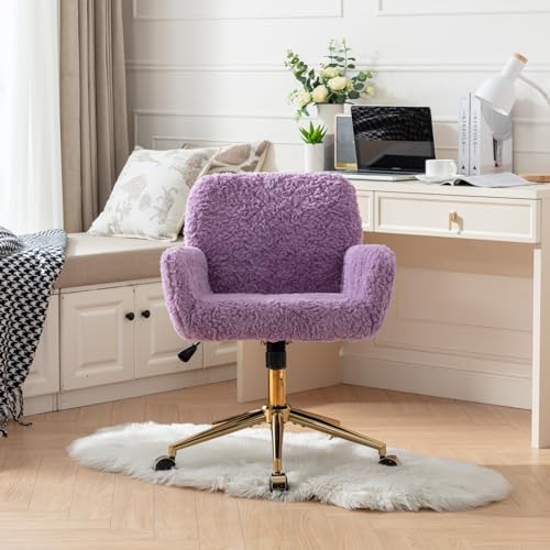 Vanity Chair with Wheels Faux Fur Swivel Adjustable Height Pink k7