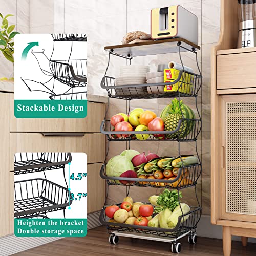 Fruit Basket with Wood Top 5 Tier Stackable Cart White a7