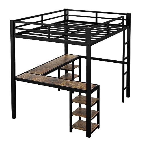 Full Size Loft Bed with Desk and Storage Shelves, Metal Frame a7