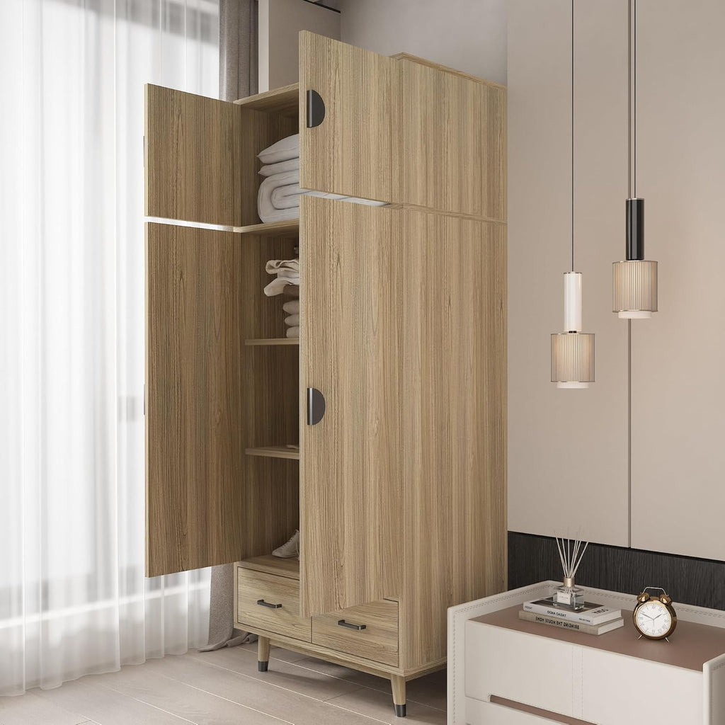 Oak 2-Door Storage Cabinet with Drawers and Hanging Rod k7p